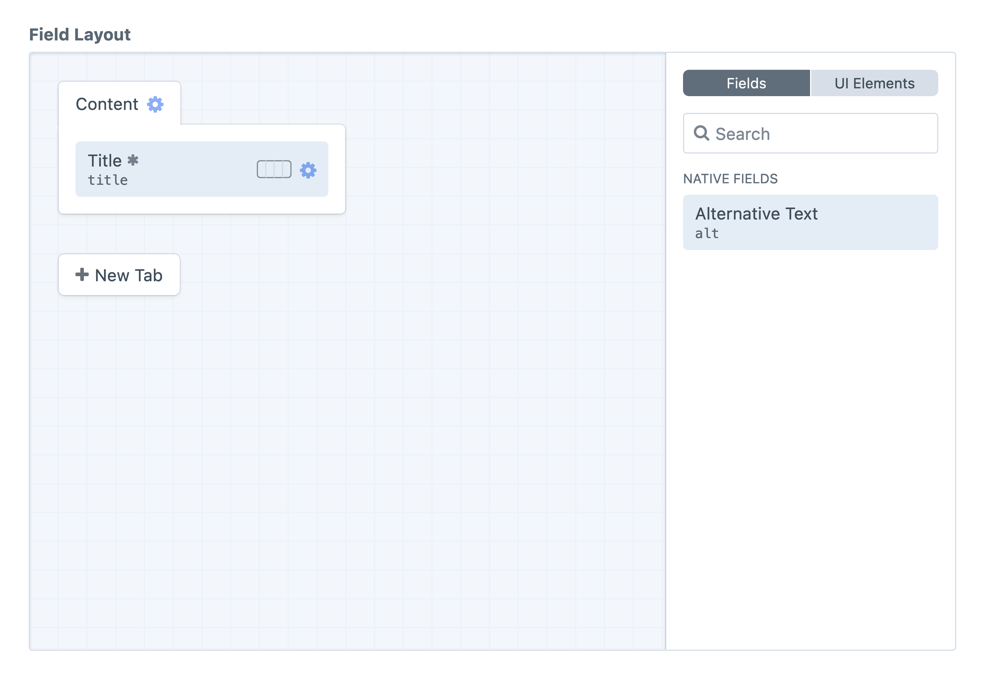 The field layout designer for an asset element. The content pane includes a Title field. The sidebar includes a native field called Alternative Text.