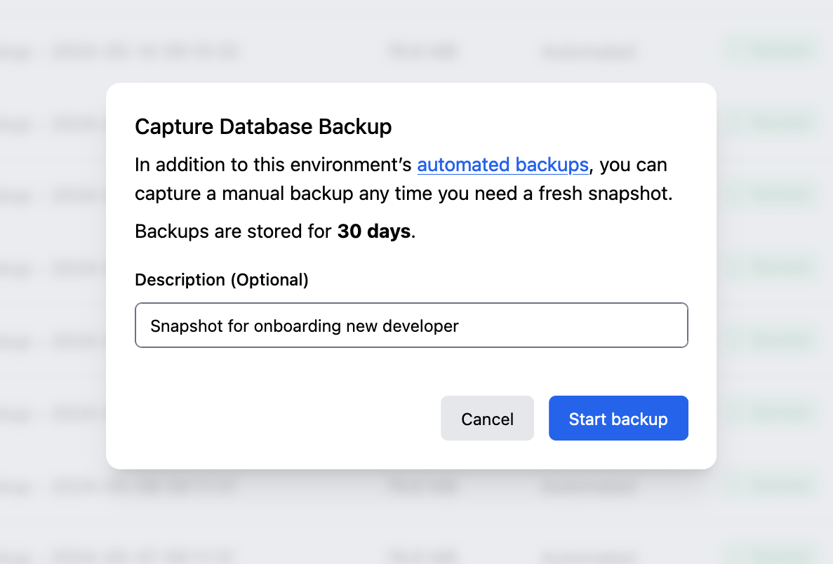 Screenshot of the manual backup dialog with an optional description field.