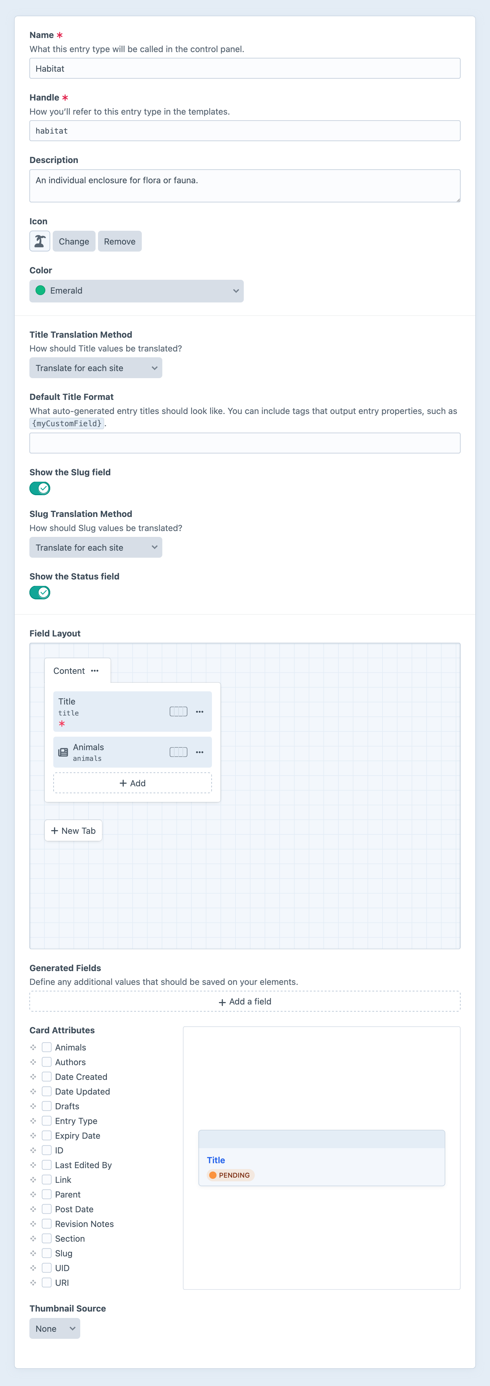 Screenshot of entry type settings