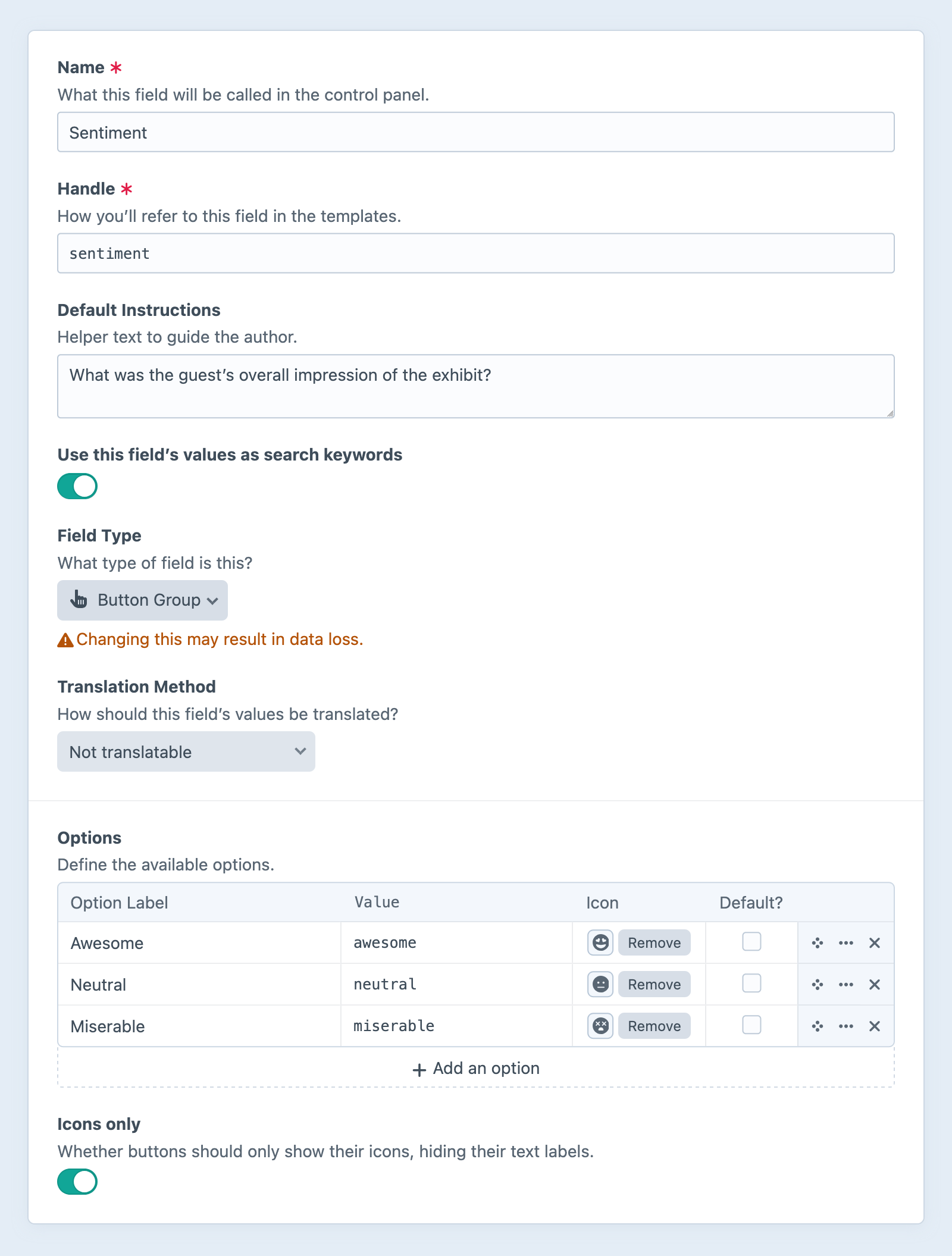 Button group field settings screen in the Craft control panel