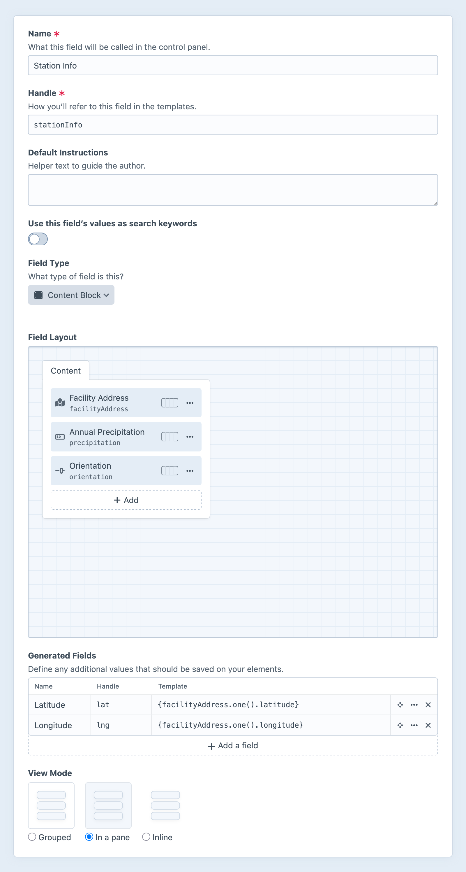 Content block field settings screen in the Craft control panel