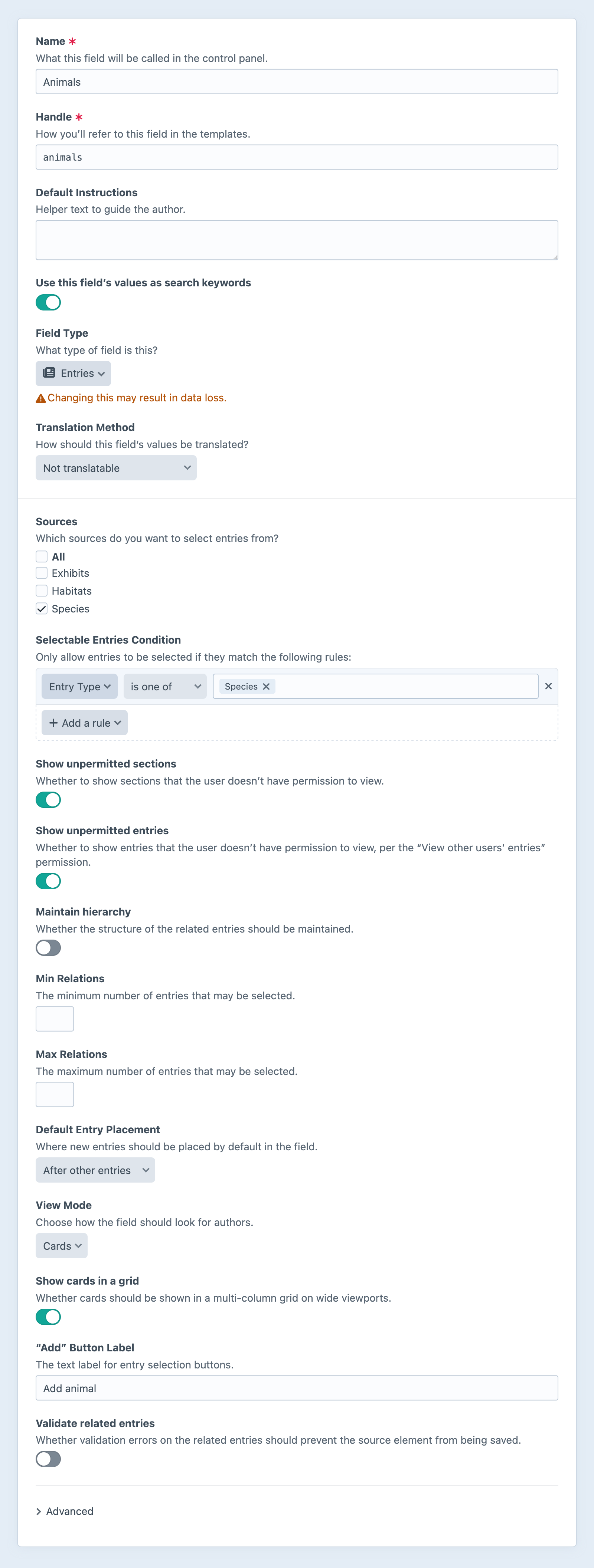 Entries field settings screen in the Craft control panel