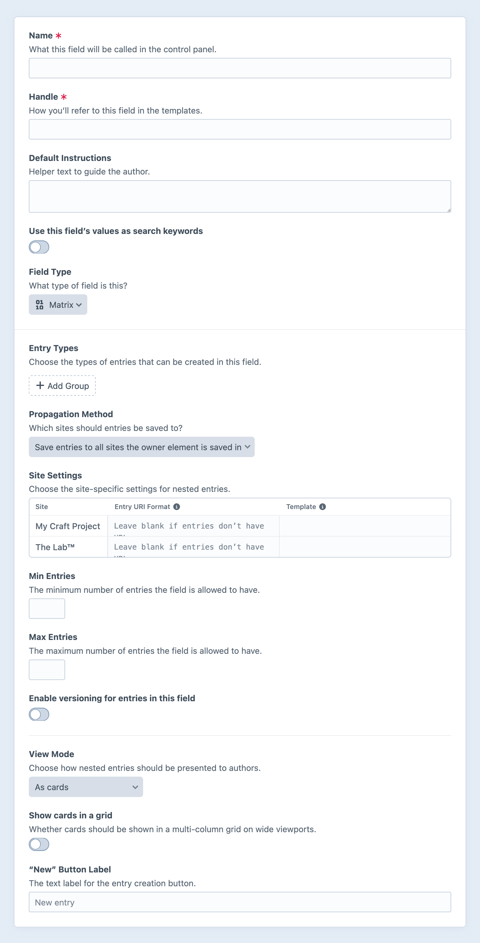 Matrix field settings screen in the Craft control panel