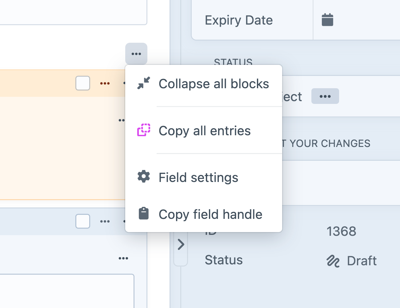 A Matrix field’s action menu in an element form