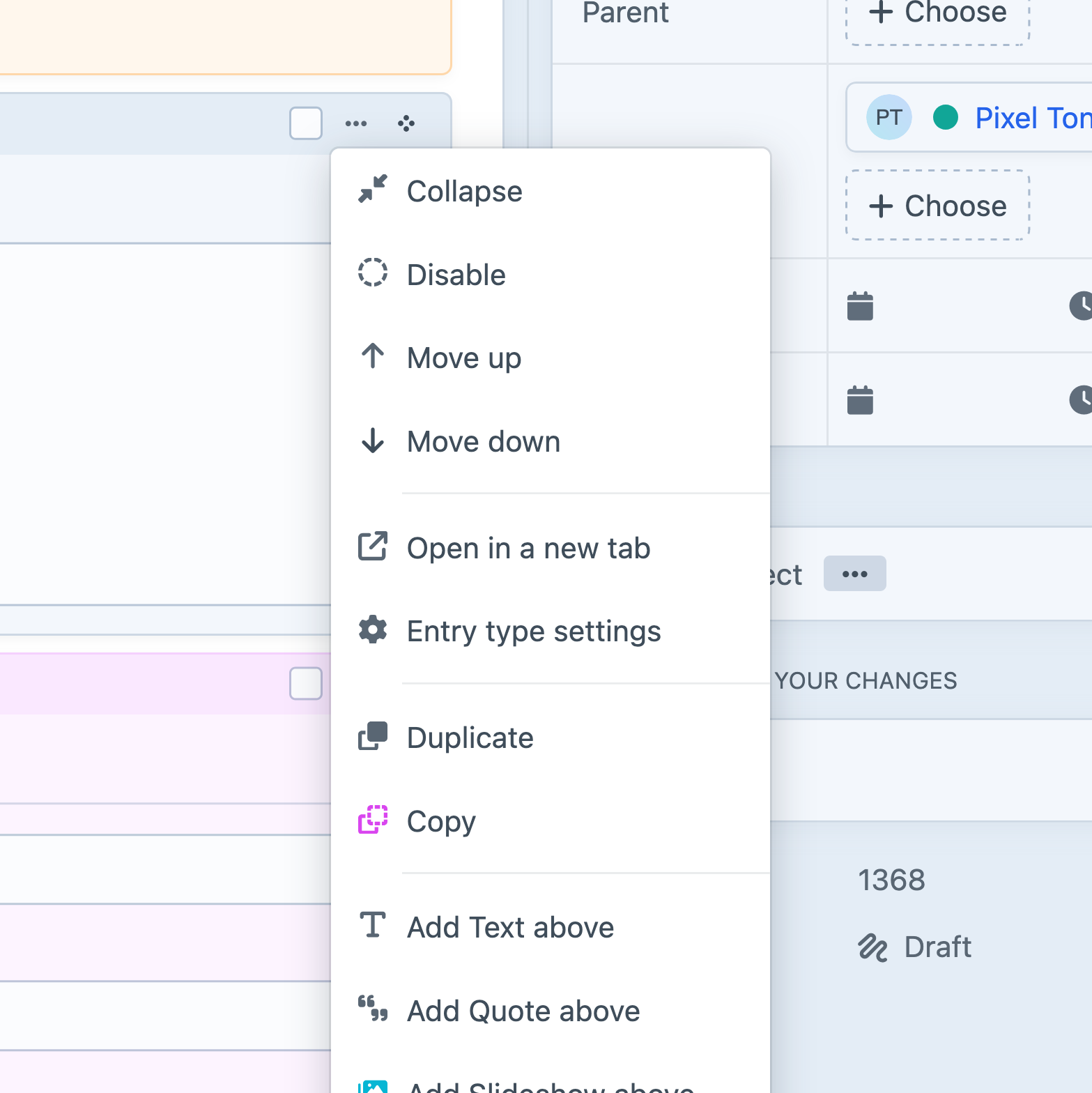 A Matrix block’s action menu