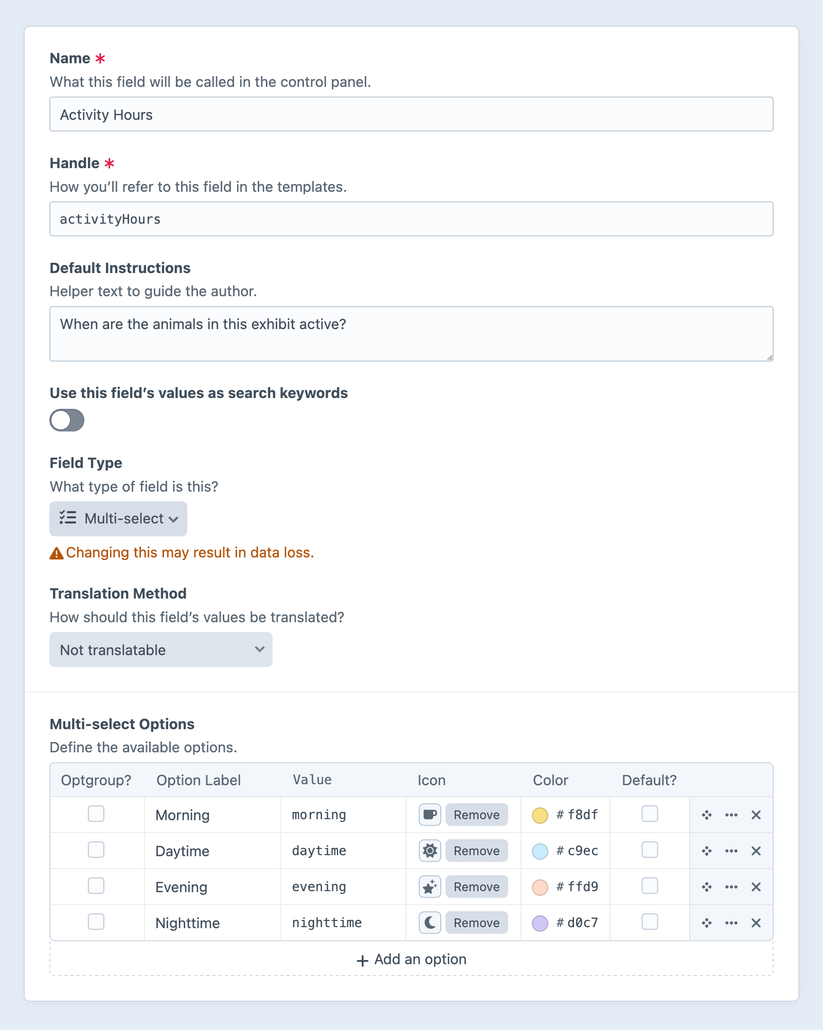 Dropdown field settings screen in the Craft control panel