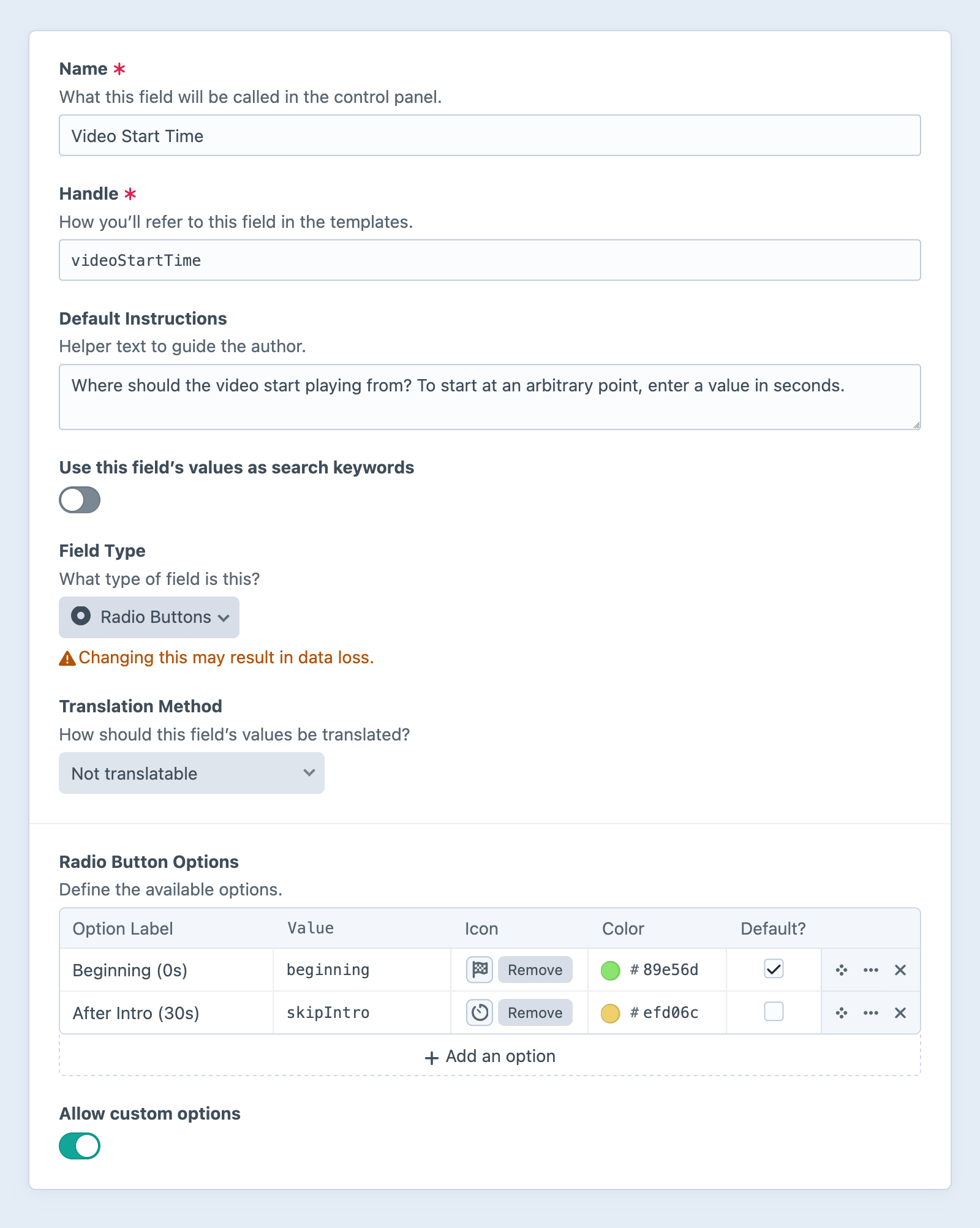 Radio buttons field settings screen in the Craft control panel