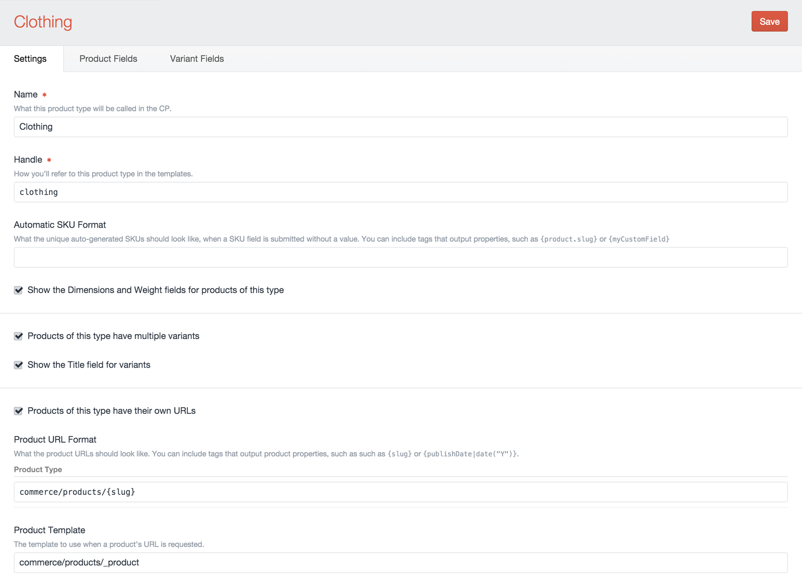 Edit Product Type page