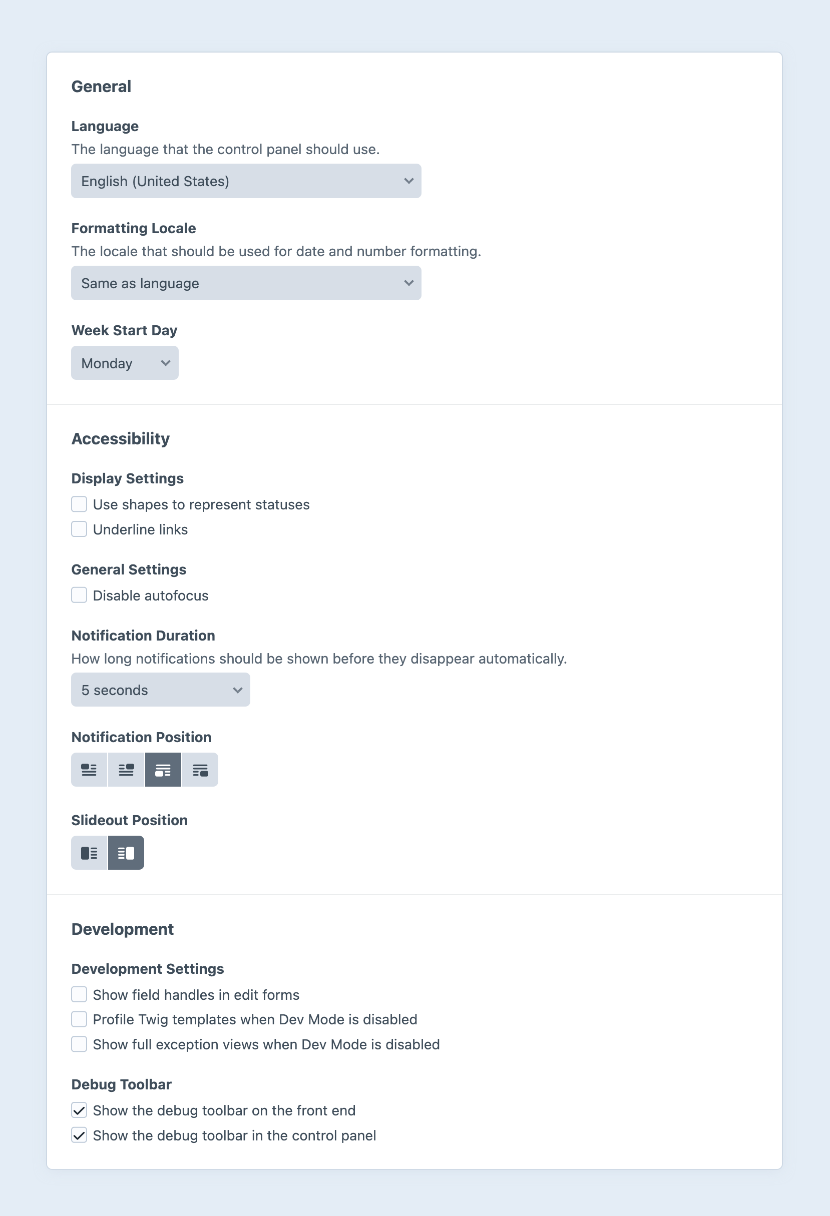User preferences screen in the Craft control panel